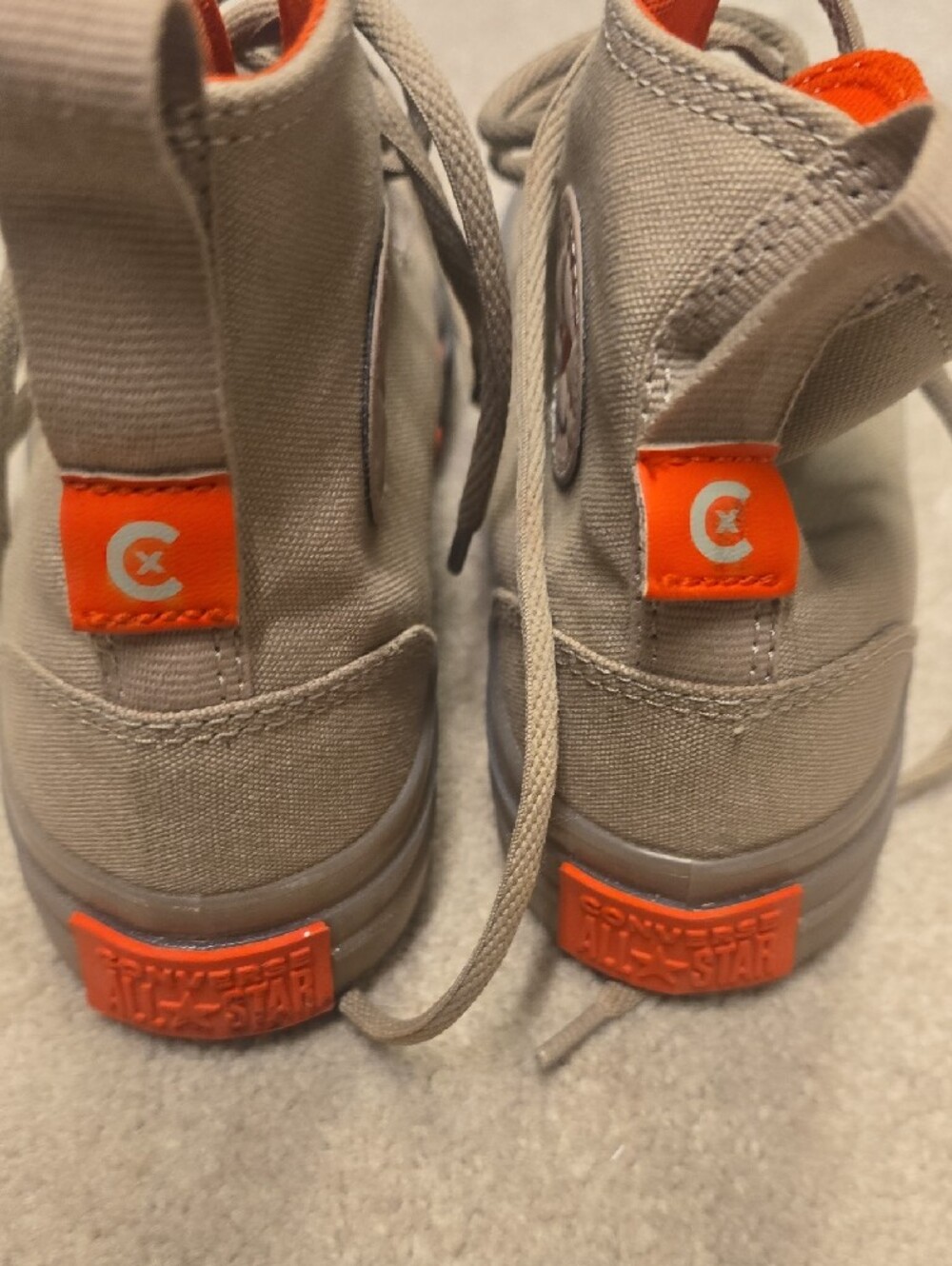 Unisex Neutral Tan/Taupe High-Top Converse Sneakers with Orange Lining - Picture 7 of 12